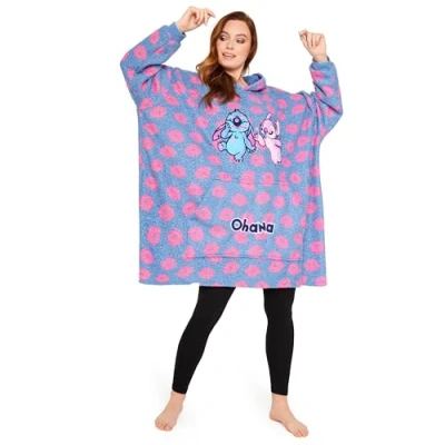 Imagen de Disney Sudaderas Mujer, Stitch Batamanta de Forro Polar Poncho Sudadera Manta Oversize con Capucha (Azul Stitch/Ángel)