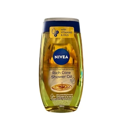Imagen de NIVEA Aceite de ducha nutritivo (1 x 200 ml), Gel cuidado Vitamina E y aceites naturales, lavado corporal, sensación piel nutrida radiante salud, todo tipo