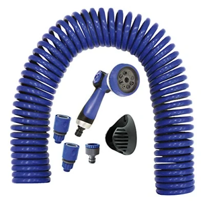 Imagen de S&amp;M 590078 Kit de manguera helicoidal azul 15 metros (9 mm diámetro) + pistola multifunción 8 chorros automático rosca hembra con adaptador ¾ ½ 2 conectores rápidos soporte colgador