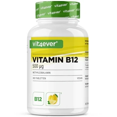 Imagen de vitamina B12 Limón 365 pastillas en un suministro de año Premium: 500 mcg metilcobalamina activa + C Altamente dosificado Vegano