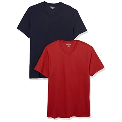 Imagen de Amazon Essentials Camisetas de manga corta con cuello pico y corte ajustado Hombre, Pack 2, Azul Marino/Rojo Oscuro, L