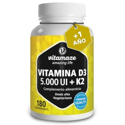 Imagen de Vitamina D3 y K2 Alta Dosis (5000 UI + 100 Mcg) Sistema Inmunológico Óseo 180 Comprimidos Biodisponibilidad, Calidad Alemana. Vitamaze®