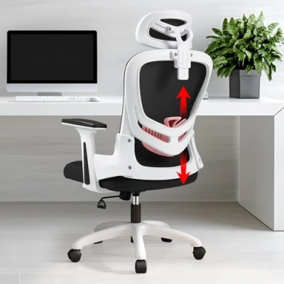 Imagen de LIMBALAY Silla de Oficina Ergonómica con Soporte Lumbar, Respaldo Ajustable, Reposacabezas, Reposabrazos, Altura para Oficina, Escritorio, Ordenador