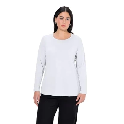 Imagen de Ulla Popken Camiseta Básica, Cuello Redondo, Ajustada, Manga Larga, para Mujer, Blanco (Schneeweiß), 54 56