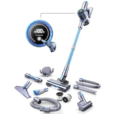 Imagen de Greenote GSC60 Aspiradora Escoba versátil sin Cable, 33KPA/480W Aspirador Cable Potente hasta 55 Mins, Accesorios 10 en 1, con Pantalla Táctil Antienredo para Suelo/Alfombra/Pelos de Animales