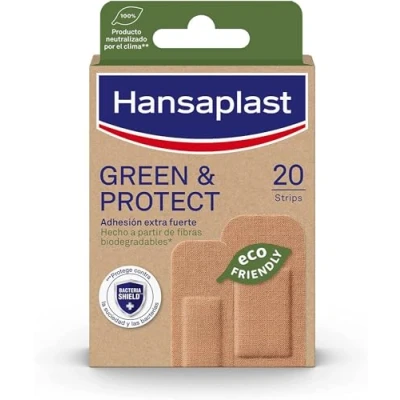 Imagen de Hansaplast GREEN &amp; PROTECT (20 tiras), apósitos adhesivos biodegradables, parches cicatrizantes hechos con fibras de origen natural, para heridas extra fuertes