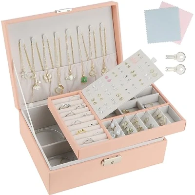 Imagen de TEIVUL joyero, organizador de joyas piel sintética 2 capas con llaves y paño limpieza, adecuado para anillos, aretes, collares, pulseras, accesorios, regalo mujeres niñas