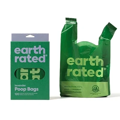 Imagen de Earth Rated Bolsas para heces de perro, resistentes y a prueba fugas, con asas fáciles atar, aroma lavanda, 120 unidades