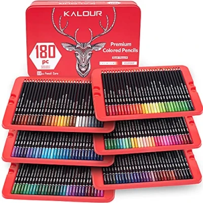 Imagen de KALOUR Lápiz de 180 colores para artistas, núcleo suave pigmento rico, a base aceite, ideal colorear, dibujar, hacer bocetos, mezclar sombreados, vibrantes (estuche lata)