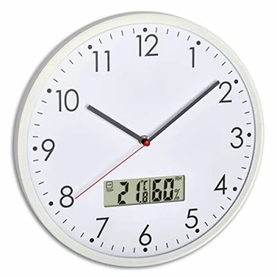 Imagen de TFA Dostmann Reloj de Pared analógico con termómetro e higrómetro Digital para Control del Clima la habitación, Cristal, Color Plateado y Blanco, 302 x 47 mm (diámetro Altura)