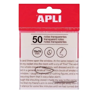 Imagen de APLI 19568 notas adhesivas transparentes 75 x mm de color blanco, Bloc 50 hojas translúcidas resistentes al agua para estudiantes, uso escolar u oficina