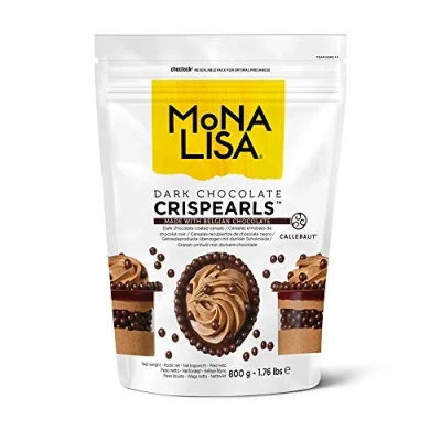 Imagen de Mona Lisa Crispearl by Callebaut Bolsa de velcro resellable 800 g Bolas cereales recubiertas con sabor para decoración pasteles, cupcakes, gofres, crepes, panqueques (chocolate oscuro)