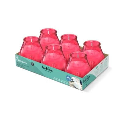Imagen de Bolsius Velas para exteriores 6 piezas en vidrio, Rosa, Tiempo de combustión 70 horas, Sin aceite palma, Quema limpia, Mecha algodón, perfume