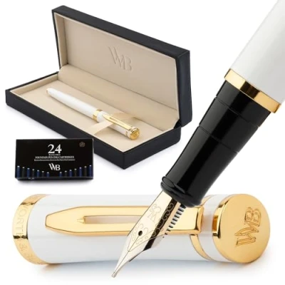 Imagen de Wordsworth &amp; Black Juego de plumas estilográficas, pluma dorada media 18 quilates, 24 cartuchos tinta, convertidor recarga tinta y estuche regalo, para caligrafía, dorado blanco