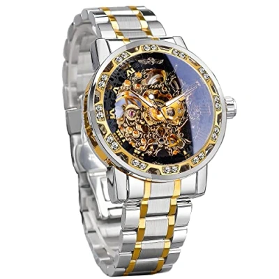 Imagen de Winner reloj de pulsera mecánico manual retro con diamantes y flores talladas para hombre, clásico números romanos, PlataNegro, Estilo casual