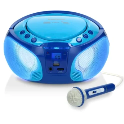 Imagen de Lenco SCD 650 Reproductor de CD para niños Radio Karaoke Sistema estéreo Boombox CD/MP3 y USB Potencia 2 x W RMS Función Sing A Long Micrófono Azul