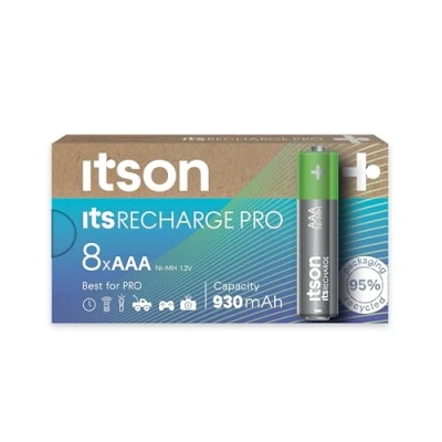 Imagen de ITSON, Pilas Recargables AAA, Pro, Paquete de 8, Gran Potencia, precargadas, Capacidad mínima: 930 mAh, Embalaje con 95% Materiales reciclados, Made in Japan