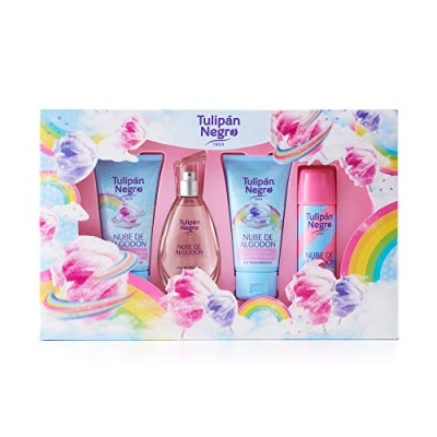 Imagen de Tulipán Negro Nube de Algodón, Estuche Regalo Unisex, Colonia 50 ml + Loción Corporal 75 Gel Baño Desodorante Spray ml, Fragancia Dulce Larga Duración