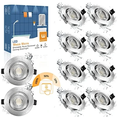 Imagen de 10x Downlight LED Techo Empotrable Regulable Wowatt 7W Foco IP44 Estancos Equivalente a Halógena 70W Luz de 2800K Blanco Calido 700LM Ojos Buey 220V Ultrafino Rotable para Baño