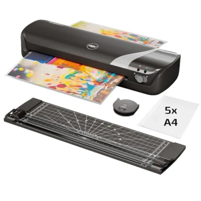 Imagen de GBC 4410036 Set de Plastificadora Inspire+ A4, 4 en 1 con Cizalla Papel y Recortadora Esquinas, Incluye Pack 5 Fundas Plastificación A4 (2x75 Micras), Color Negro