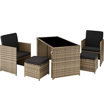Imagen de TecTake® Conjunto Jardín Exterior de Ratán y Acero, Muebles Resistente a la Intemperie, 2 Sillones Plegables, 1 Taburete, Mesa con Cristal, Cojines Abrebotellas marrón