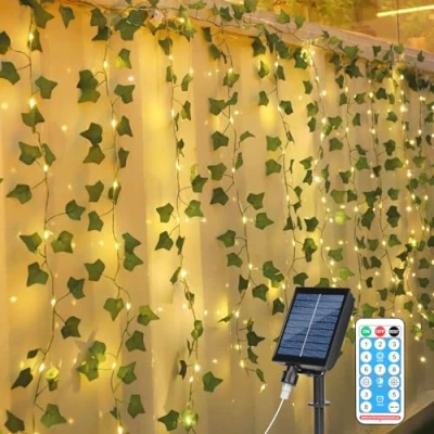 Imagen de GuKKK Guirnaldas Luces Led Solares Exterior Solar, 3 * 1M 160 LEDs Cadena de Hiedra Artificial, Cortina Exterior, 8 Modos Impermeables Decoración, para Jardín Alero Balcon