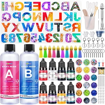 Imagen de ZOPALY Resina Epoxi Manualidades Kit para Hacer llaveros, 192 Pcs, con Letras y Números Moldes de Silicona, el Endurecedor, Pigmentos, Pan Oro, Lentejuelas