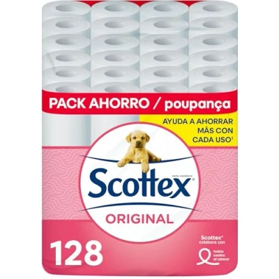 Imagen de Scottex Original Papel higiénico, 128 rollos, 4 packs de 32 rollos dos capas que proporcionan el equilibro adecuado en suavidad y resistencia