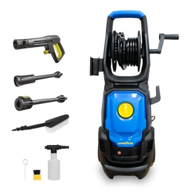 Imagen de Goodyear Hidrolimpiadora Eléctrica con Cepillo Potente 2.000W, Presión Máxima de 2175 PSI Lanza Regulable y Turbo, Enrollador Manguera Más