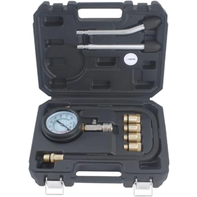 Imagen de TECPO Comprobador de compresión 8 TLG 0 20 Bar 300 PSI para motores gasolina, incluye adaptador M10, M12, M14, M18, válvula descarga presión, manguera 490 mm, manómetro 65 mm