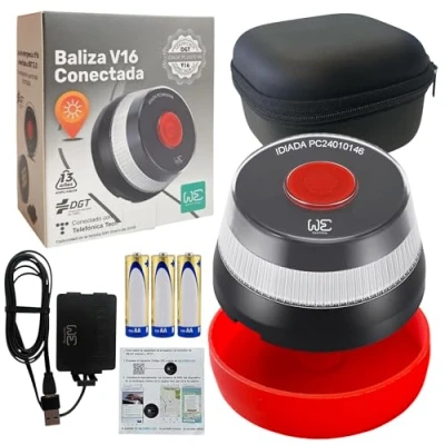 Imagen de Kit de seguridad con Baliza Emergencia V16 Geolocalizada y Conectada DGT 3.0 Incluye Adaptador, Cable alimentación Funda antigolpes