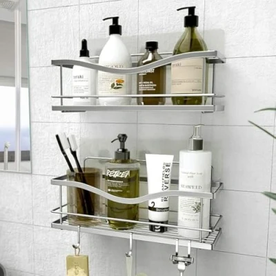 Imagen de KINCMAX Estanteria de Ducha para Baño con Adhesivo sin necesidad Taladro (2 Piezas) Organizador el Interior la 4 Ganchos Accesorios (Plata)