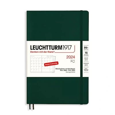 Imagen de LEUCHTTURM1917 367572 Paperback (B6+) 2024 Planificador mensual y cuaderno (16 meses, tapa blanda, color verde bosque), alemán