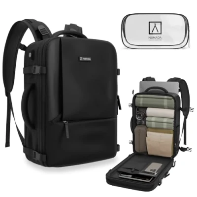 Imagen de NUMADA Mochila Viaje Cabina Avión 40x20x25cm (20L) + Regalo Neceser con Compartimento para Portátil 15&quot;. Ryanair Asas Acolchadas, Cintas de Apriete, Zapatero y Zona LíquidosNegra