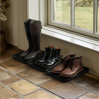 Imagen de Navaris Bandejas para Zapatos Set de 3X Bandeja secar Calzado Bases escurridoras Goteo con Borde Elevado 35 x 27 2.5 CM Negro