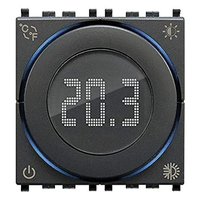Imagen de Vimar 02970 Termostato con mando rotatorio, calefacción y aire acondicionado ON/OFF, retroiluminación de LED, 2 módulos, compatible placas Eikon, Arké, Plana para Idea por soporte dedicado