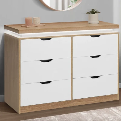 Imagen de IDMarket Cómoda con 6 cajones Luna LED 115 cm blanco y bandeja efecto madera