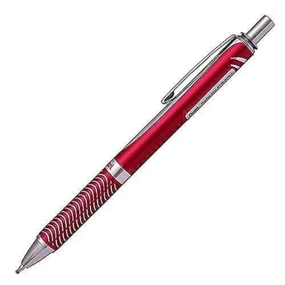 Imagen de Pentel Bolígrafo Energel retráctil con punta de bola y cuerpo metálico rojo. Escritura en color negro.