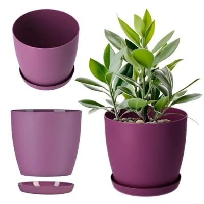 Imagen de KADAX Maceta, Maceta con platillo, Redonda de plástico, Mate para Cactus, helechos, Brillante balcón, Piso y terraza (⌀ 18cm, Ciruela)