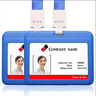 Imagen de 2PCS Horizontal ID Card Badge Holder con correa para el cuello de cordón la etiqueta nombre titular tarjeta estudiante trabajo identificación (azul)