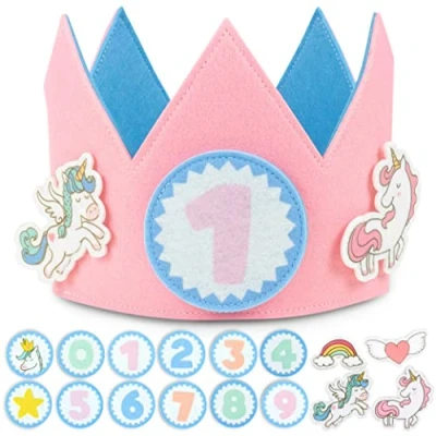 Imagen de BONNYCO Corona Cumpleaños Unicornio con Números Intercambiables del 0 al 9 y Figuras Tematizadas 1 Año en Adelante, Decoracion Niña Carnaval