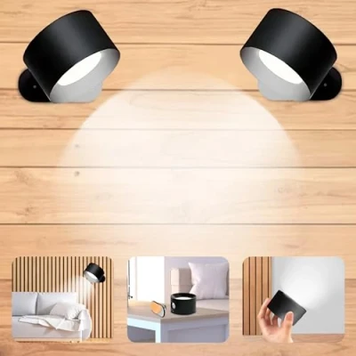 Imagen de JUPPLIES Lampara de Pared Luz Led 2 Pcs Negro Aplique Lectura Dormitorio Interior Focos Giratorios 360 con Carga USB 3 Niveles Brillo