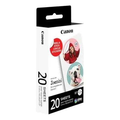 Imagen de Papel fotográfico Canon Zink Paper ZP 2030 2C 20, 20 Hojas de pegatinas redondas, Resistente al agua, Blanco