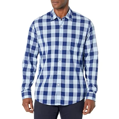 Imagen de Amazon Essentials Camisa de Popelín Manga Larga y Ajuste Entallado Hombre, Azul Cuadros Vichy, L