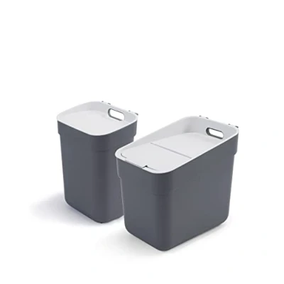 Imagen de Curver Juego 2 cubos de basura y reciclaje Ready to Collect 10+20L, Con soporte para pared o puerta, Ideal Cocina cuarto baño, 100% reciclado, tapa aro bolsa, Color gris