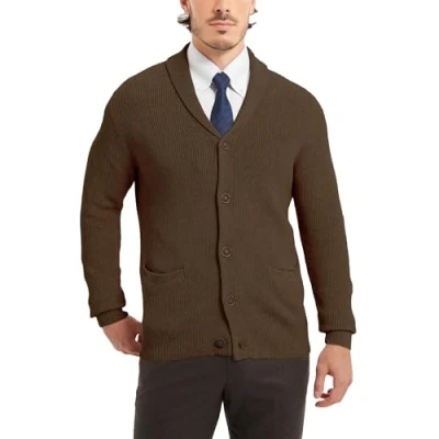 Imagen de Kallspin Jersey Cárdigan Cuello Chal para Hombre, Mixto de Lana Merino, Punto Suave, con Bolsillos y Botones (Marron Oscuro, XL)