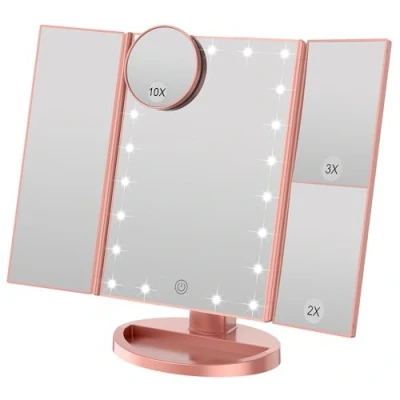 Imagen de WEILY Espejo Maquillaje con Luz, 21 LED y Aumento 1X / 2X 3X,Espejo Luz para Pantalla Táctil de 180º Ajustable, Tocador Tríptico Plegable Recargable, Oro Rosa