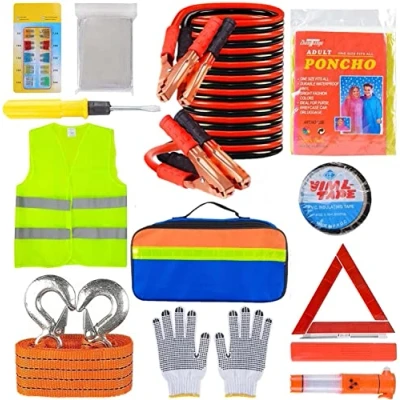 Imagen de KAHEIGN 12 en 1 Kits de Emergencia para Automóviles, Kit Reparación Automóvile incluido Triángulo Peligroso, Visibilidad Chaleco, Remolque Cuerda, Martillo Utilitario, Plomo Salto, Coche Fusible
