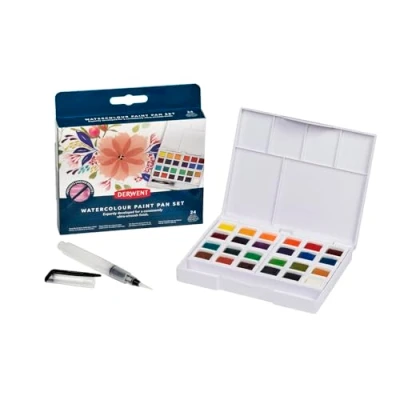 Imagen de Derwent 2306260 Paleta de Acuarelas Color, 24 Unidades, Tamaño Mediano, Solubles en Agua, Ideales para Pintar, Calidad Profesional, Viaje