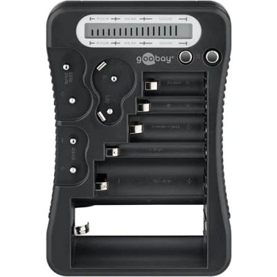 Imagen de goobay Comprobador de pilas con pantalla LCD, baterías recargables y botón, Probador tester recargables/AA, AAA, 9V, C, D, CR2032, 72511